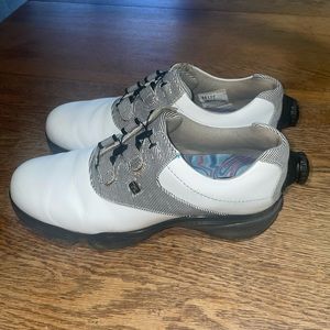 FootJoy Women's 7 MEDIUM DryJoys BOA Golf Shoes 99177 White/Black Print EUC